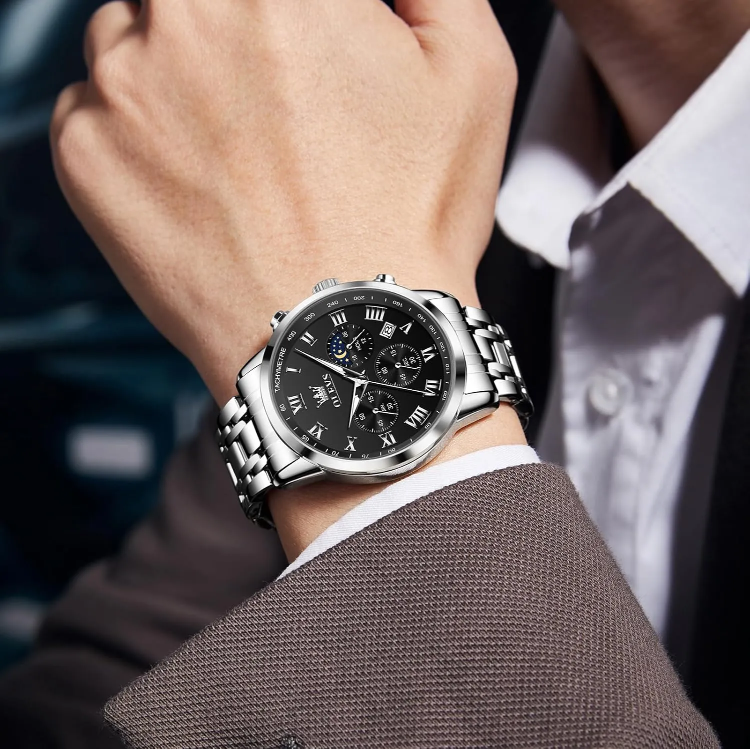 Quartz Dress Watches for Men, Fashion Multifunctional Waterproof marvel ally Luminous Hands Men's Wristwatch OLEVS Mens Stainless Steel Chronograph Watch, Big Face Roman Numerals Date Analog 