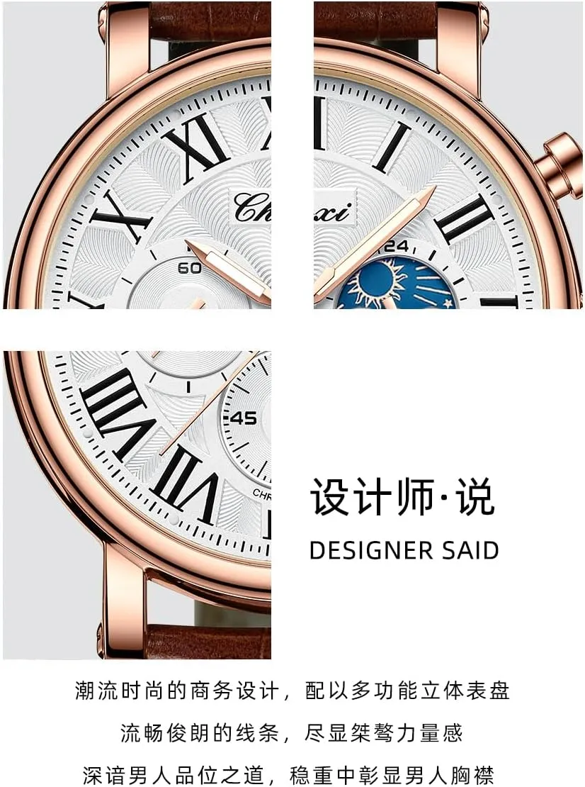 Quartz Leather corrosive Wristwatch. MASTOP Men's Fashion Business Watch Calendar Waterproof Luminous Moon Phase Chronograph Function 