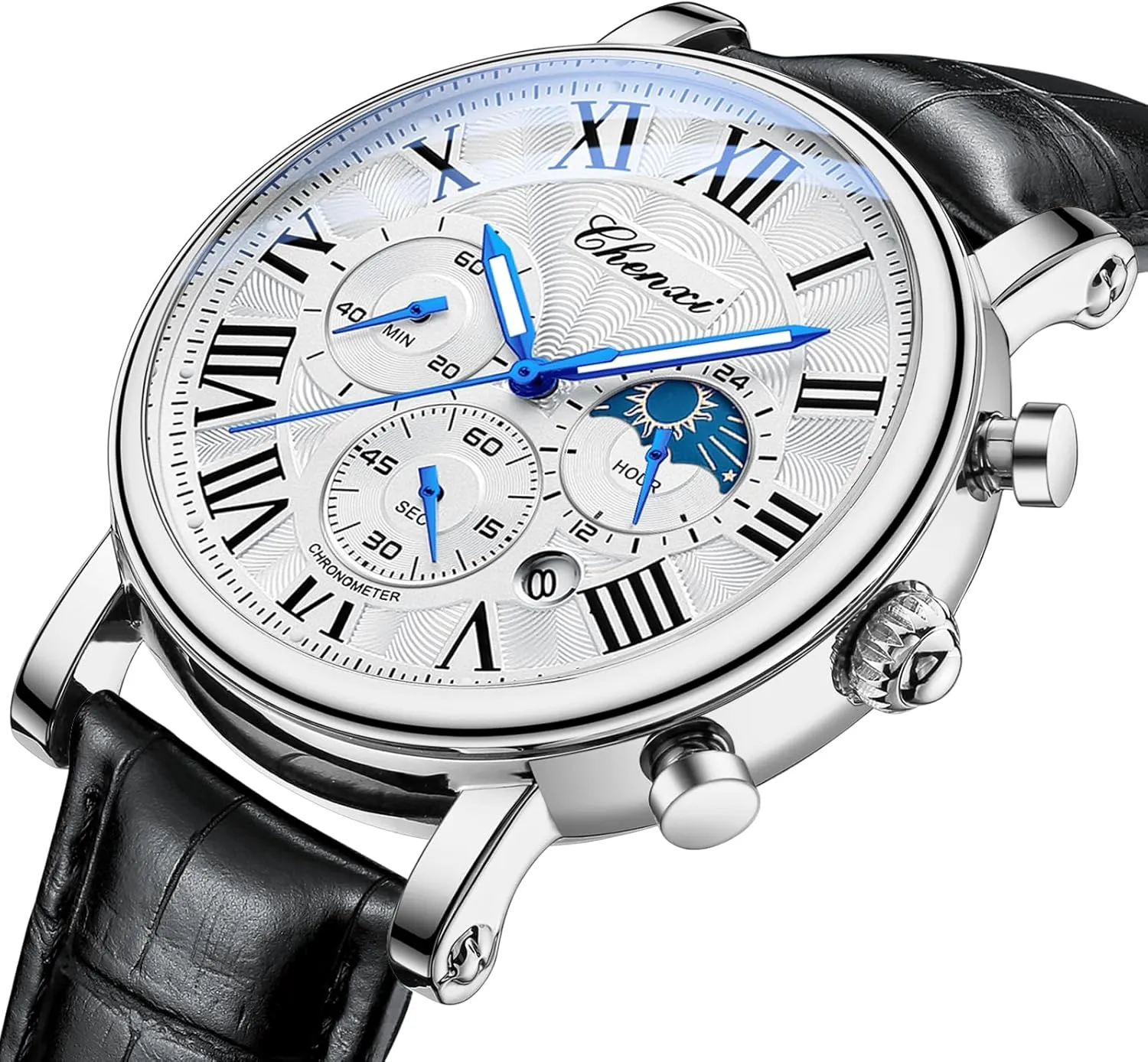 Quartz Leather corrosive Wristwatch. MASTOP Men's Fashion Business Watch Calendar Waterproof Luminous Moon Phase Chronograph Function 