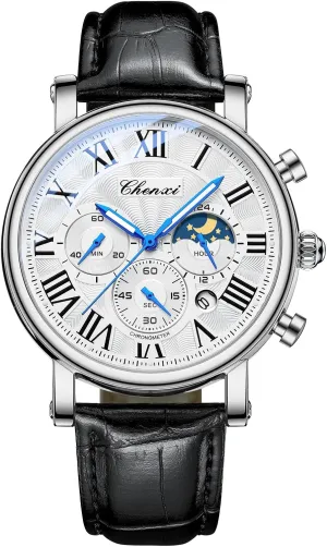 Quartz Leather corrosive Wristwatch. MASTOP Men's Fashion Business Watch Calendar Waterproof Luminous Moon Phase Chronograph Function 