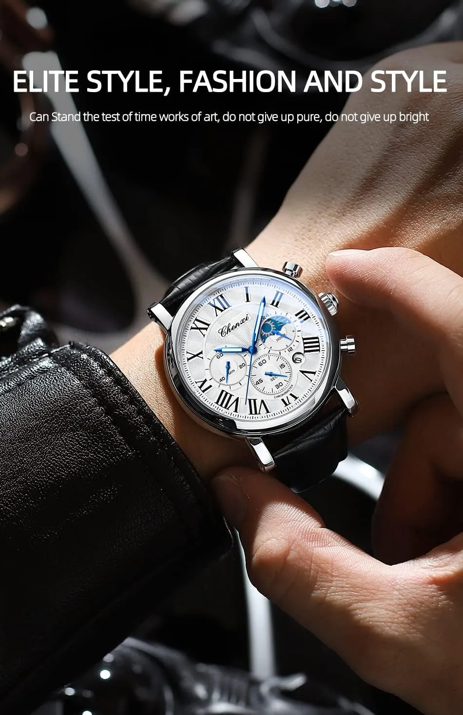 Quartz Leather corrosive Wristwatch. MASTOP Men's Fashion Business Watch Calendar Waterproof Luminous Moon Phase Chronograph Function 