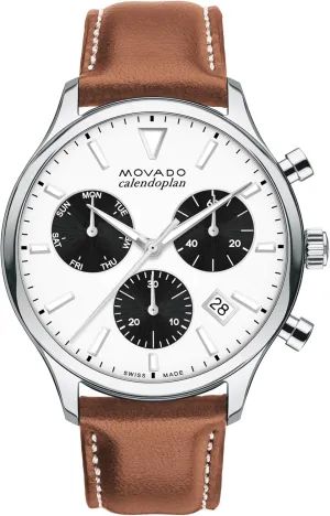 Quartz Movement, Ute Calfskin Strap, Water Resistance 30 Meters (3ATM) - Classic Timepiece - Gift for Him - 43mm Movado Heritage Calendoplan Men's Luxury Chronograph Watch - Swiss 