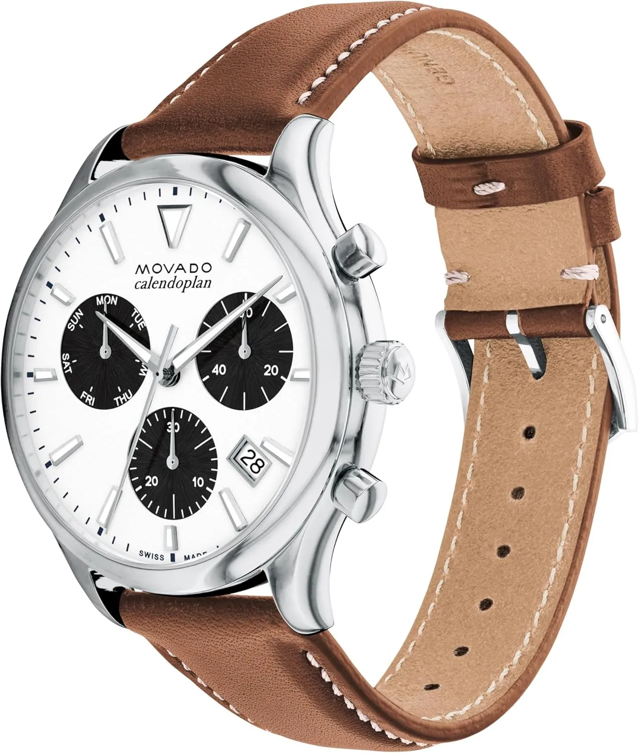 Quartz Movement, Ute Calfskin Strap, Water Resistance 30 Meters (3ATM) - Classic Timepiece - Gift for Him - 43mm Movado Heritage Calendoplan Men's Luxury Chronograph Watch - Swiss 