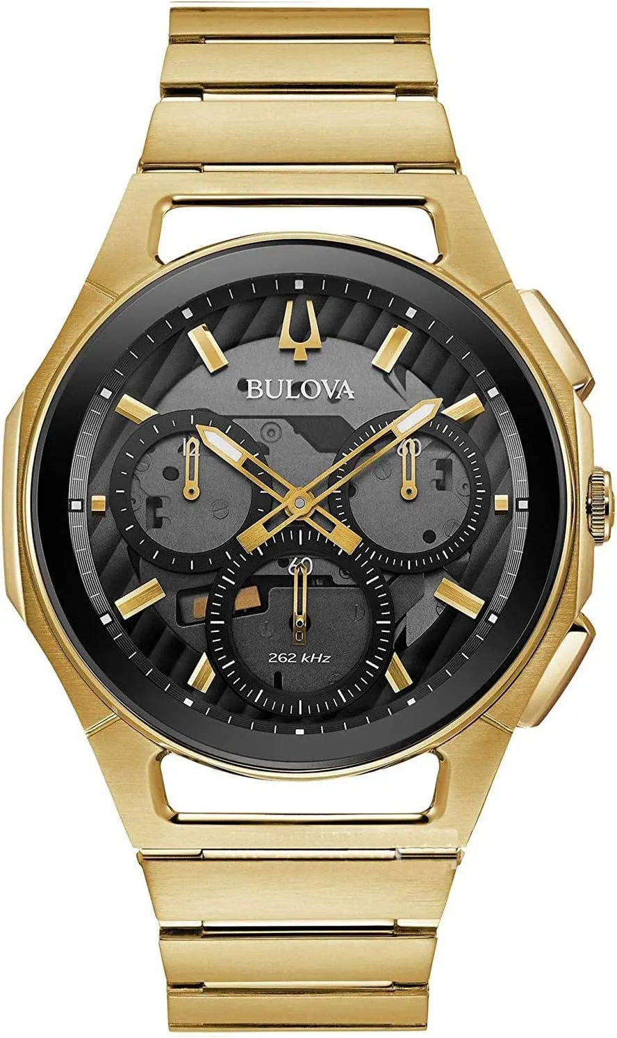 Quartz Stainless Steel Watch, 5-Hand Chronograph, Sapphire Crystal, Luminous Hands, Gold-Tone/Black Dial Bulova Men's CURV bellows High Performance 