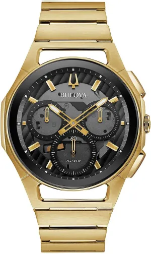 Quartz Stainless Steel Watch, 5-Hand Chronograph, Sapphire Crystal, Luminous Hands, Gold-Tone/Black Dial Bulova Men's CURV bellows High Performance 