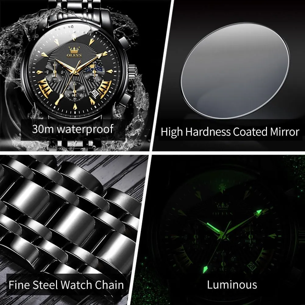 Read Chronograph Watches Full Gold/White Dail/Black Face with Calendar Wristwatch OLEVS Men's stave Luxury Watch Waterproof Luminous Easy 