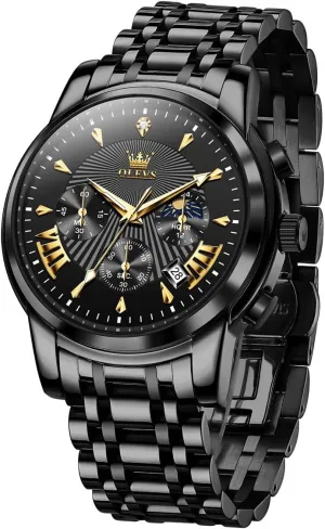 Read Chronograph Watches Full Gold/White Dail/Black Face with Calendar Wristwatch OLEVS Men's stave Luxury Watch Waterproof Luminous Easy 
