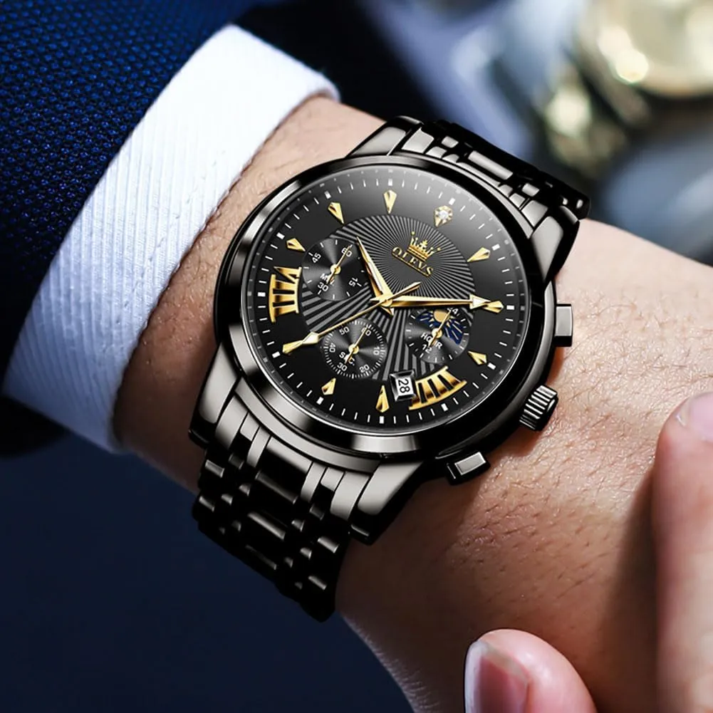 Read Chronograph Watches Full Gold/White Dail/Black Face with Calendar Wristwatch OLEVS Men's stave Luxury Watch Waterproof Luminous Easy 