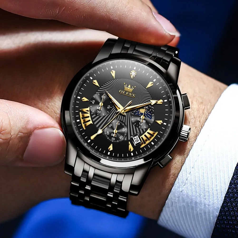 Read Chronograph Watches Full Gold/White Dail/Black Face with Calendar Wristwatch OLEVS Men's stave Luxury Watch Waterproof Luminous Easy 