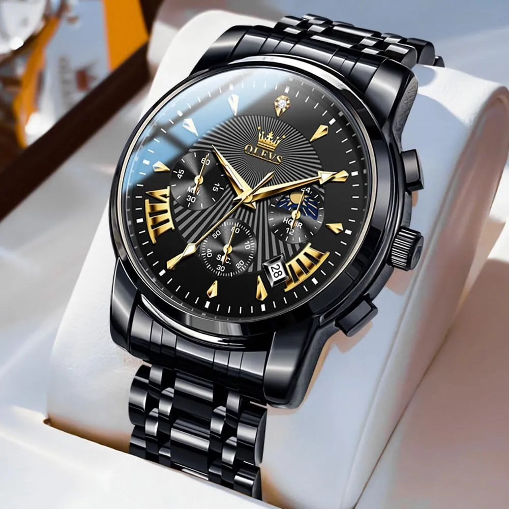 Read Chronograph Watches Full Gold/White Dail/Black Face with Calendar Wristwatch OLEVS Men's stave Luxury Watch Waterproof Luminous Easy 