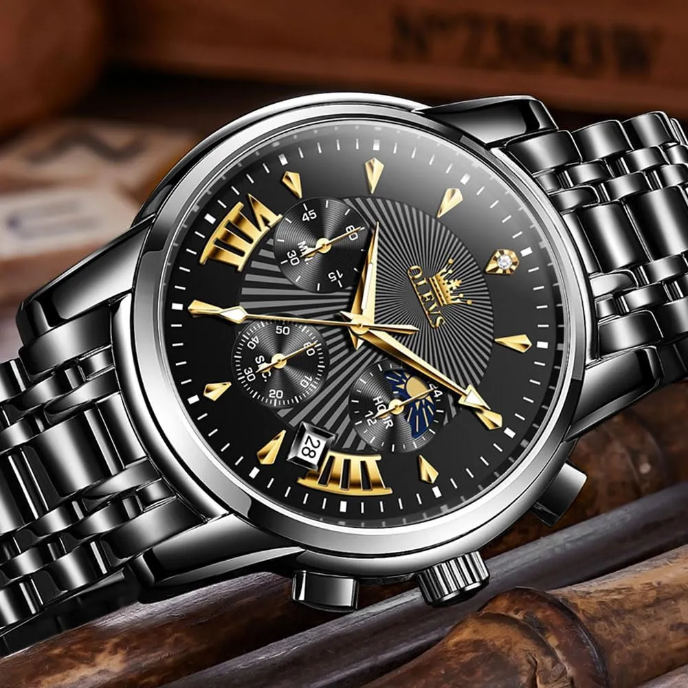 Read Chronograph Watches Full Gold/White Dail/Black Face with Calendar Wristwatch OLEVS Men's stave Luxury Watch Waterproof Luminous Easy 