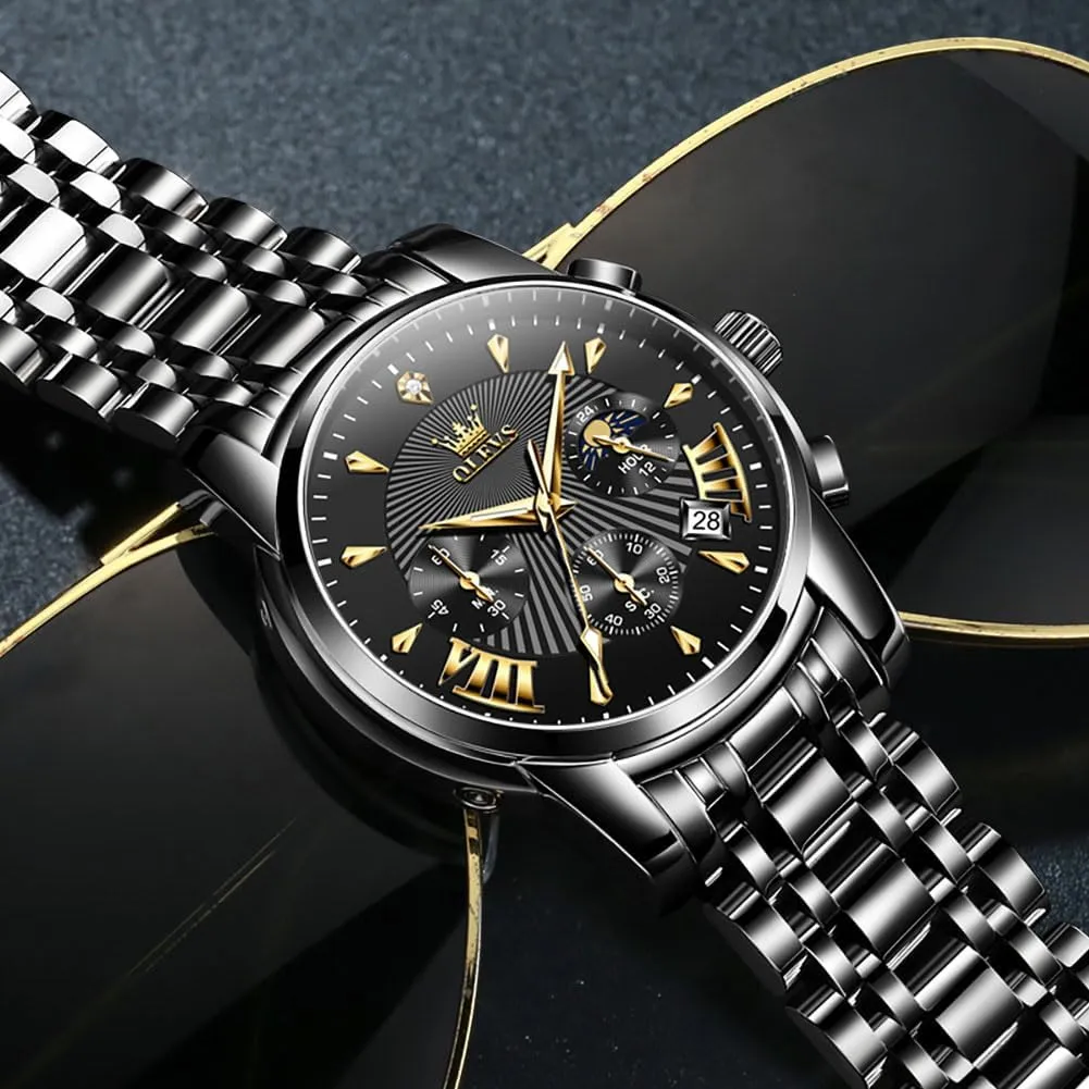 Read Chronograph Watches Full Gold/White Dail/Black Face with Calendar Wristwatch OLEVS Men's stave Luxury Watch Waterproof Luminous Easy 