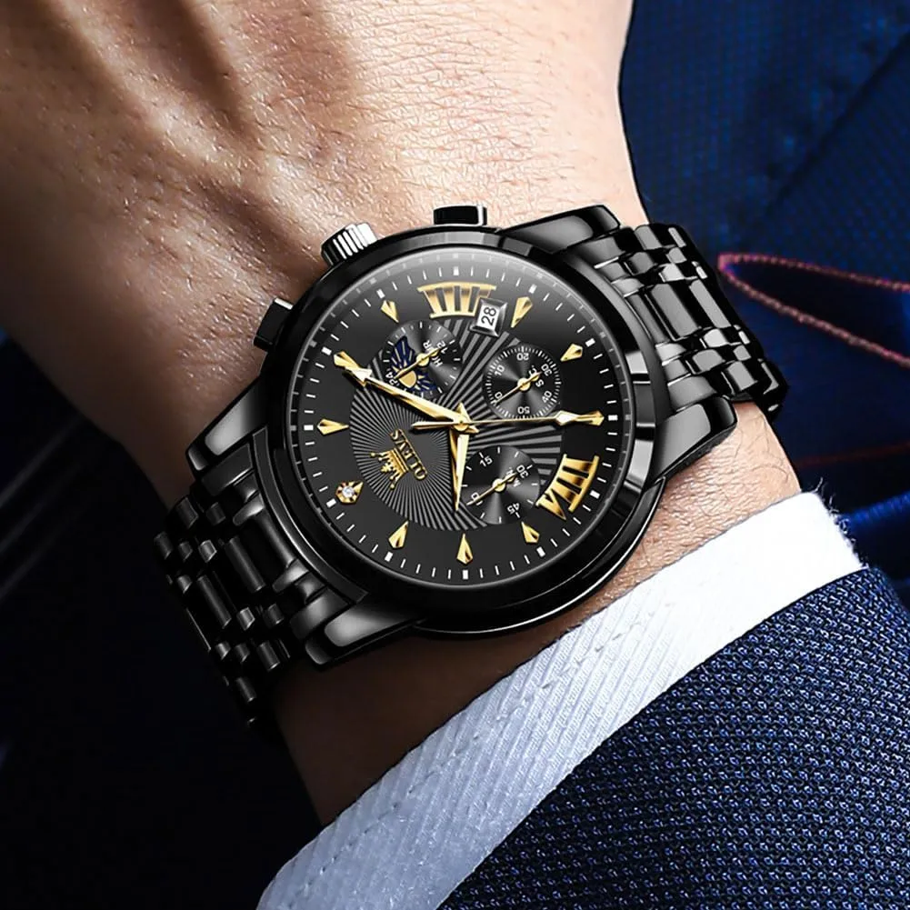 Read Chronograph Watches Full Gold/White Dail/Black Face with Calendar Wristwatch OLEVS Men's stave Luxury Watch Waterproof Luminous Easy 