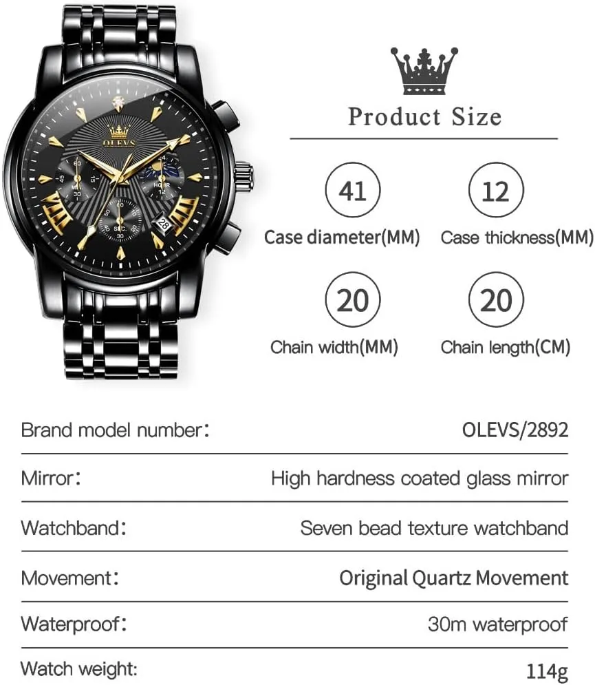 Read Chronograph Watches Full Gold/White Dail/Black Face with Calendar Wristwatch OLEVS Men's stave Luxury Watch Waterproof Luminous Easy 