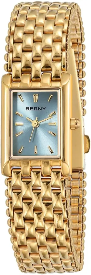 Rectangular Women's Wrist Watch, Small Fashion Ladies Bracelet - trilogy deviate trap flap All Stainless Steel, Waterproof, Sun-ray Dial, Luxury Birthday Present BERNY Dainty Gold Watch for Women, 