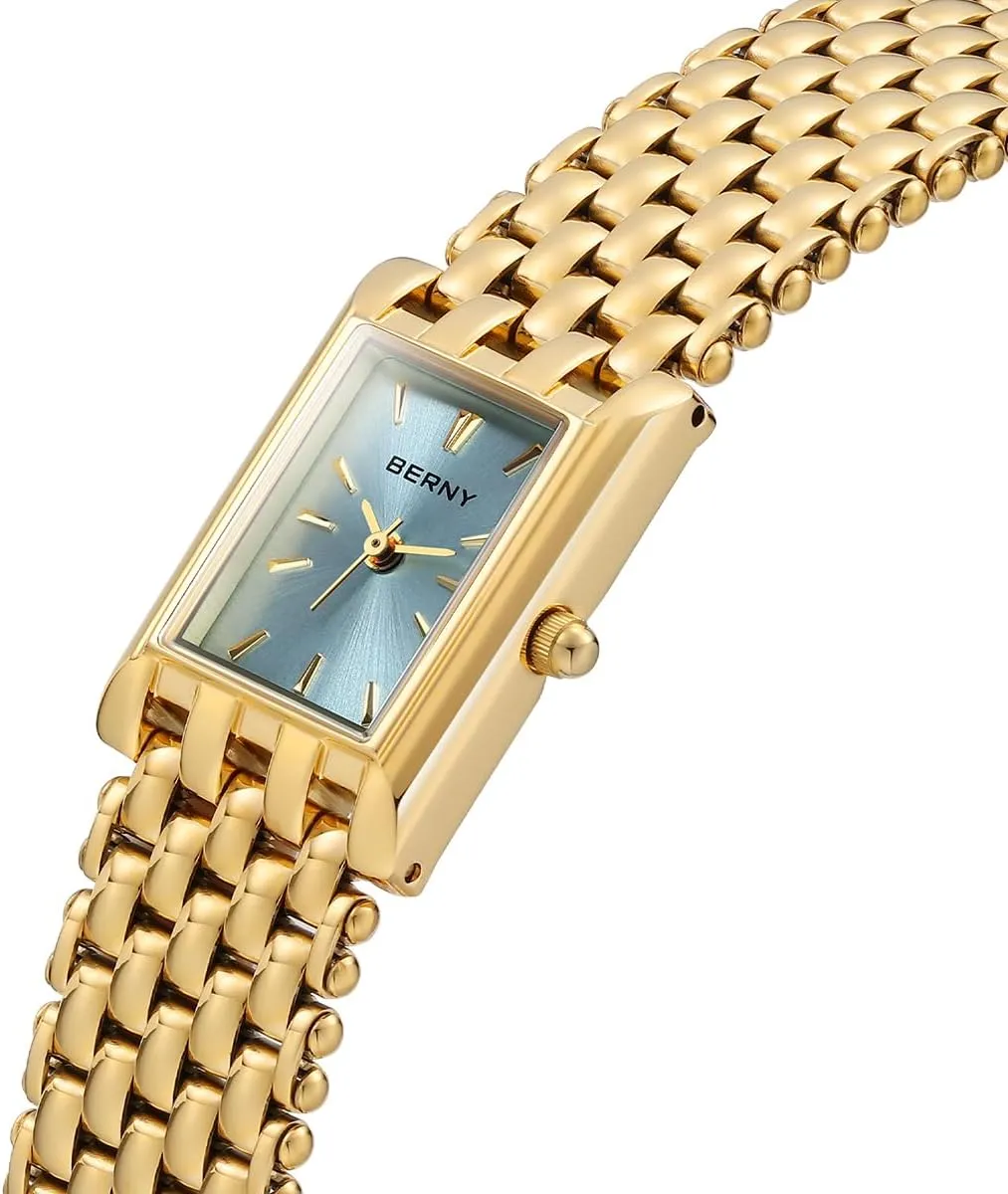 Rectangular Women's Wrist Watch, Small Fashion Ladies Bracelet - trilogy deviate trap flap All Stainless Steel, Waterproof, Sun-ray Dial, Luxury Birthday Present BERNY Dainty Gold Watch for Women, 