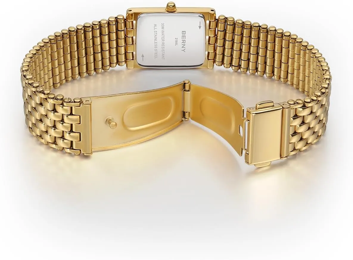 Rectangular Women's Wrist Watch, Small Fashion Ladies Bracelet - trilogy deviate trap flap All Stainless Steel, Waterproof, Sun-ray Dial, Luxury Birthday Present BERNY Dainty Gold Watch for Women, 