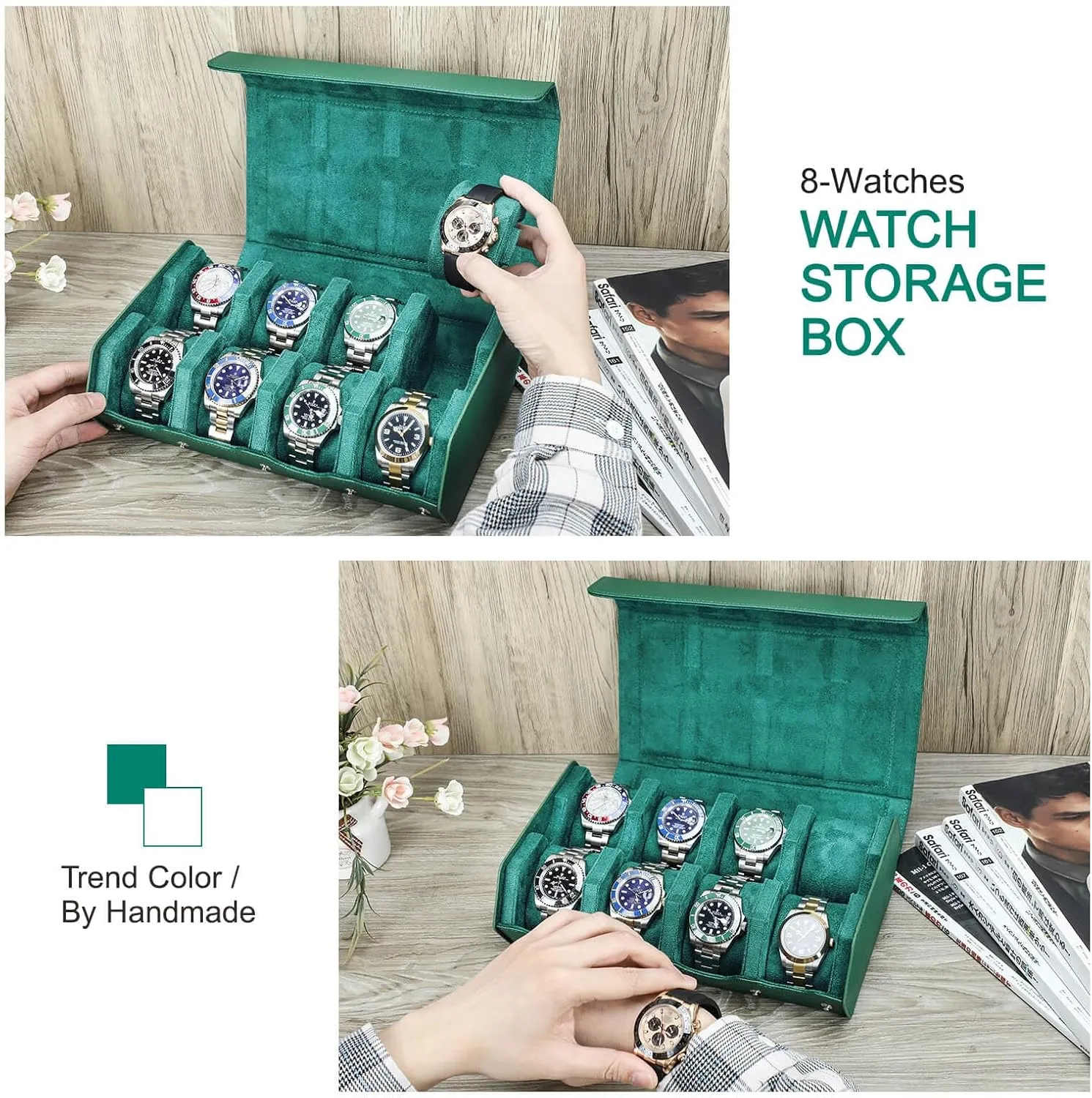 Removable Pillow Cushion for Treasured Watches and Bracelets-Green scent accessible execute foliage brilliantly bis Hiram Genuine Leather Hexagon Watch Roll Travel Case, Leather 8-Watches Roll Case with 