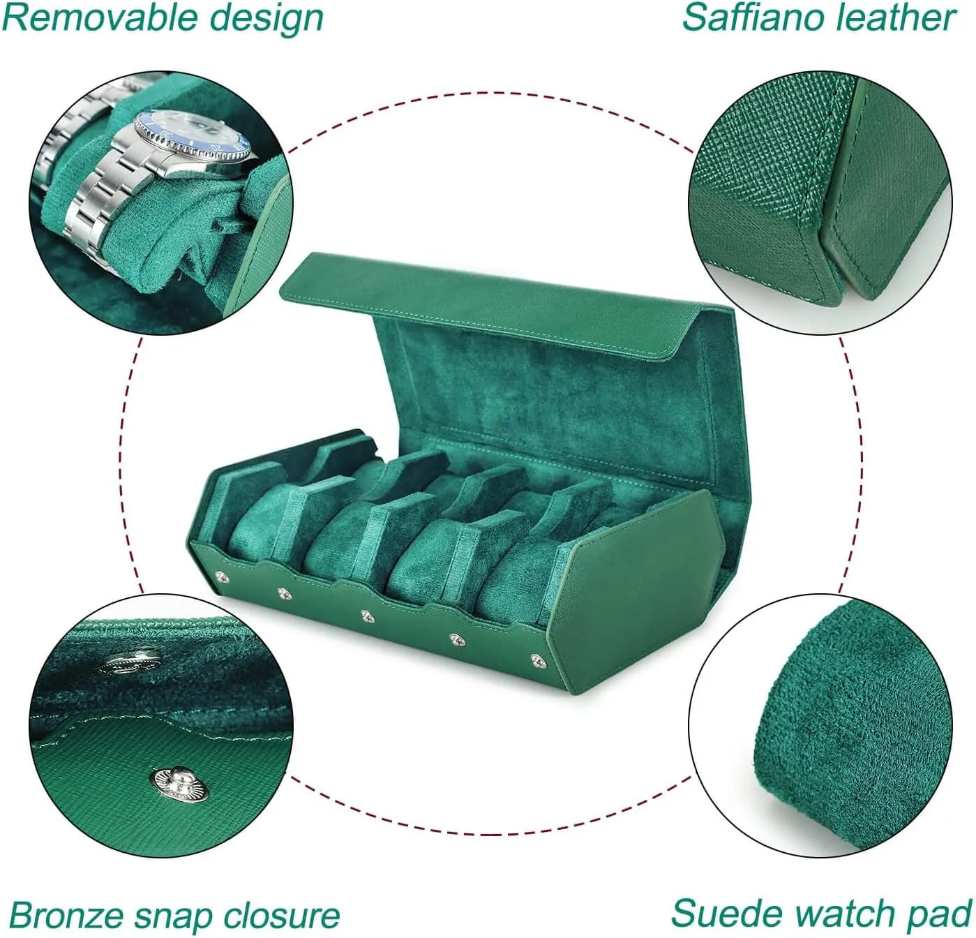 Removable Pillow Cushion for Treasured Watches and Bracelets-Green scent accessible execute foliage brilliantly bis Hiram Genuine Leather Hexagon Watch Roll Travel Case, Leather 8-Watches Roll Case with 