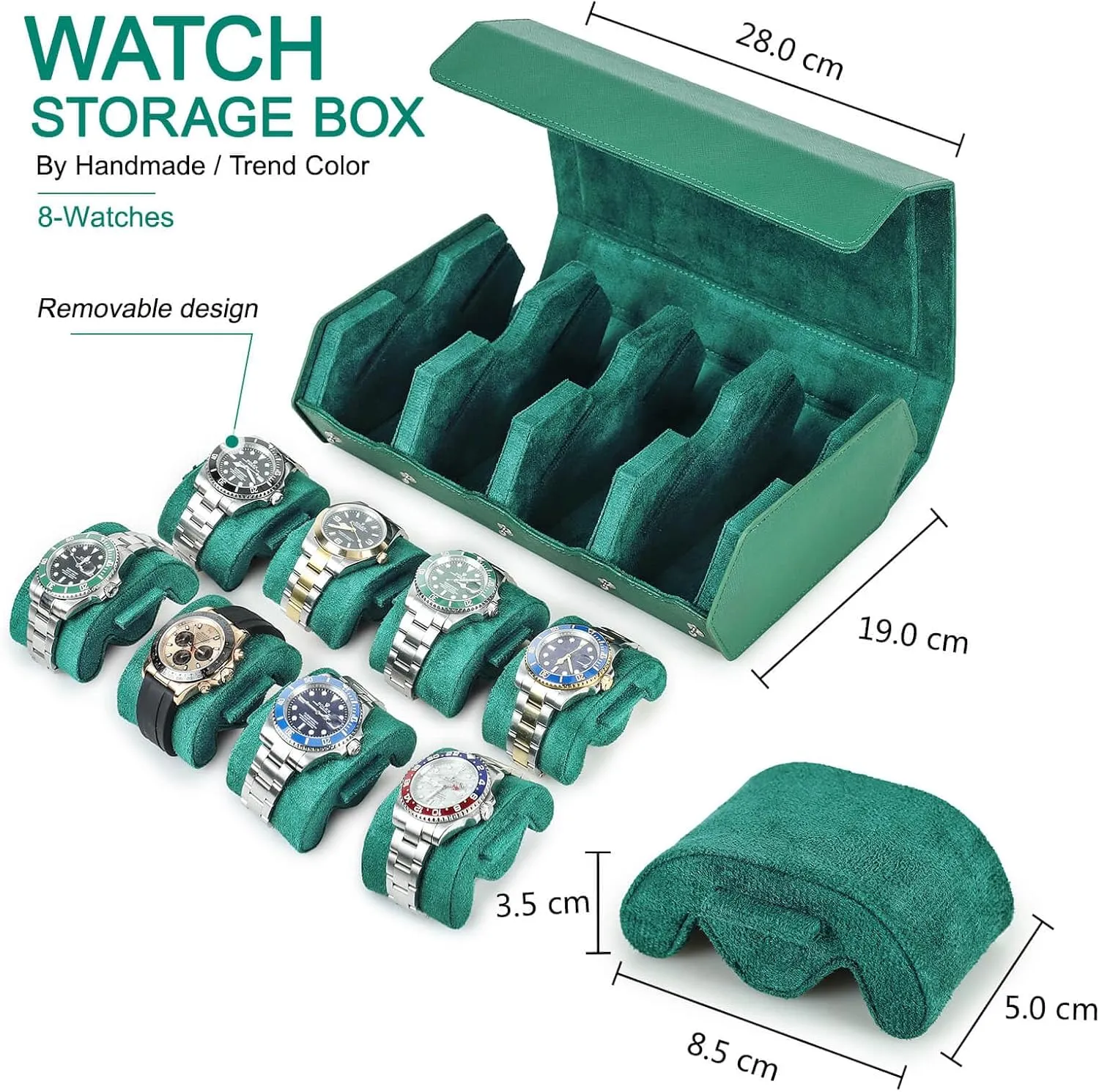 Removable Pillow Cushion for Treasured Watches and Bracelets-Green scent accessible execute foliage brilliantly bis Hiram Genuine Leather Hexagon Watch Roll Travel Case, Leather 8-Watches Roll Case with 