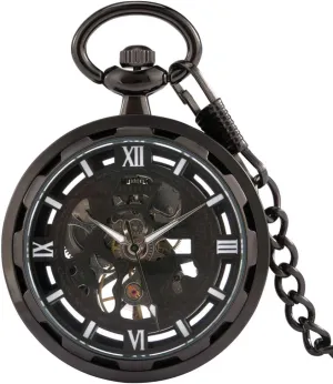 Roman Numerals Dial Manual Machinery Steampunk Pocket Watch Thick Chain High-end Full Black Watch Man Woman gun exuberant guard infection Black Without Cover 