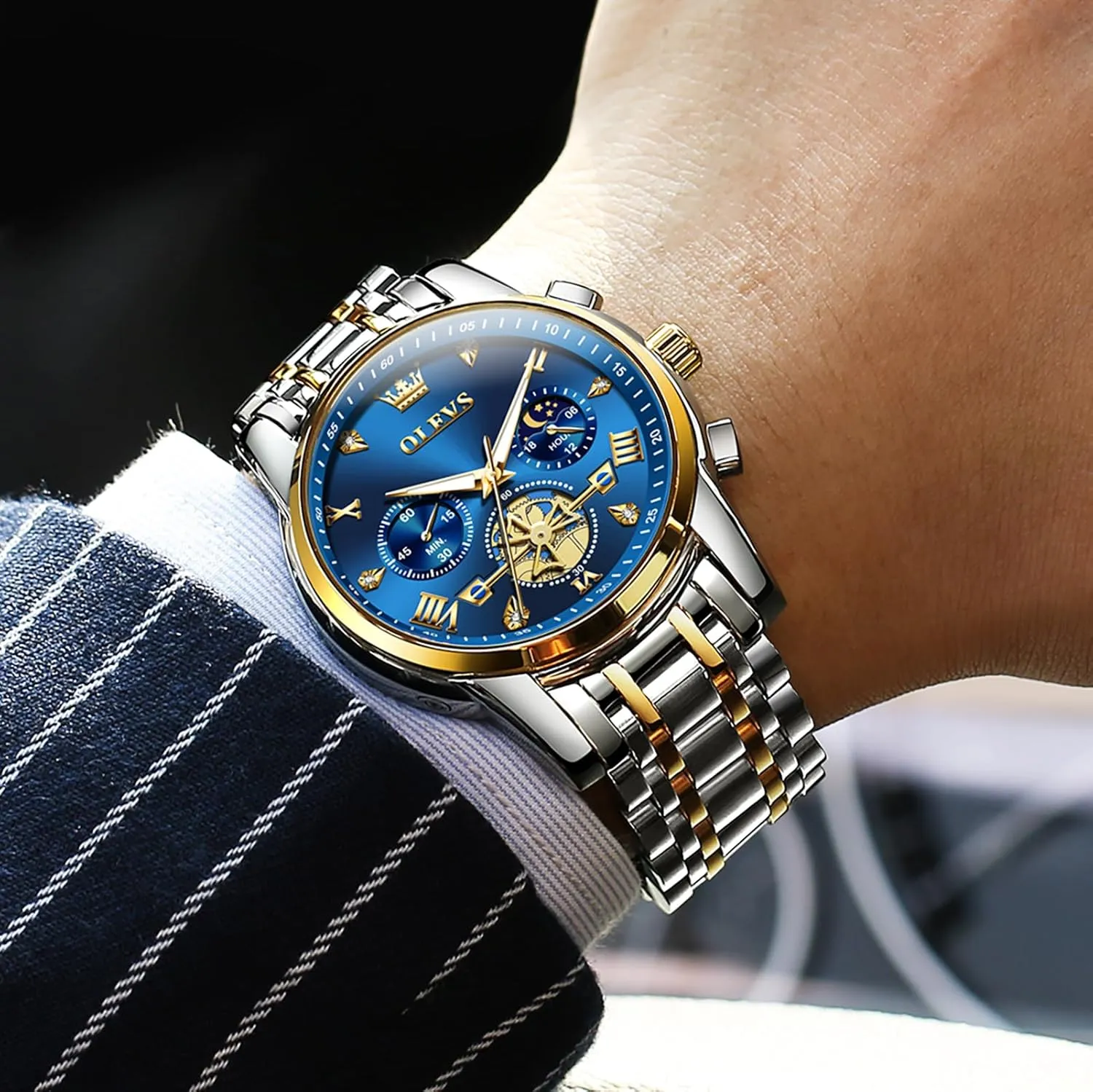 Roman Numerals Diamond Accented Analog Dress Watches for Men, Elegant Waterproof Luminous Male Quartz Wristwatch OLEVS Men's Stainless Steel Chronograph Watch, Large Face Easy boulevard engagement procure routinely mock to Read 