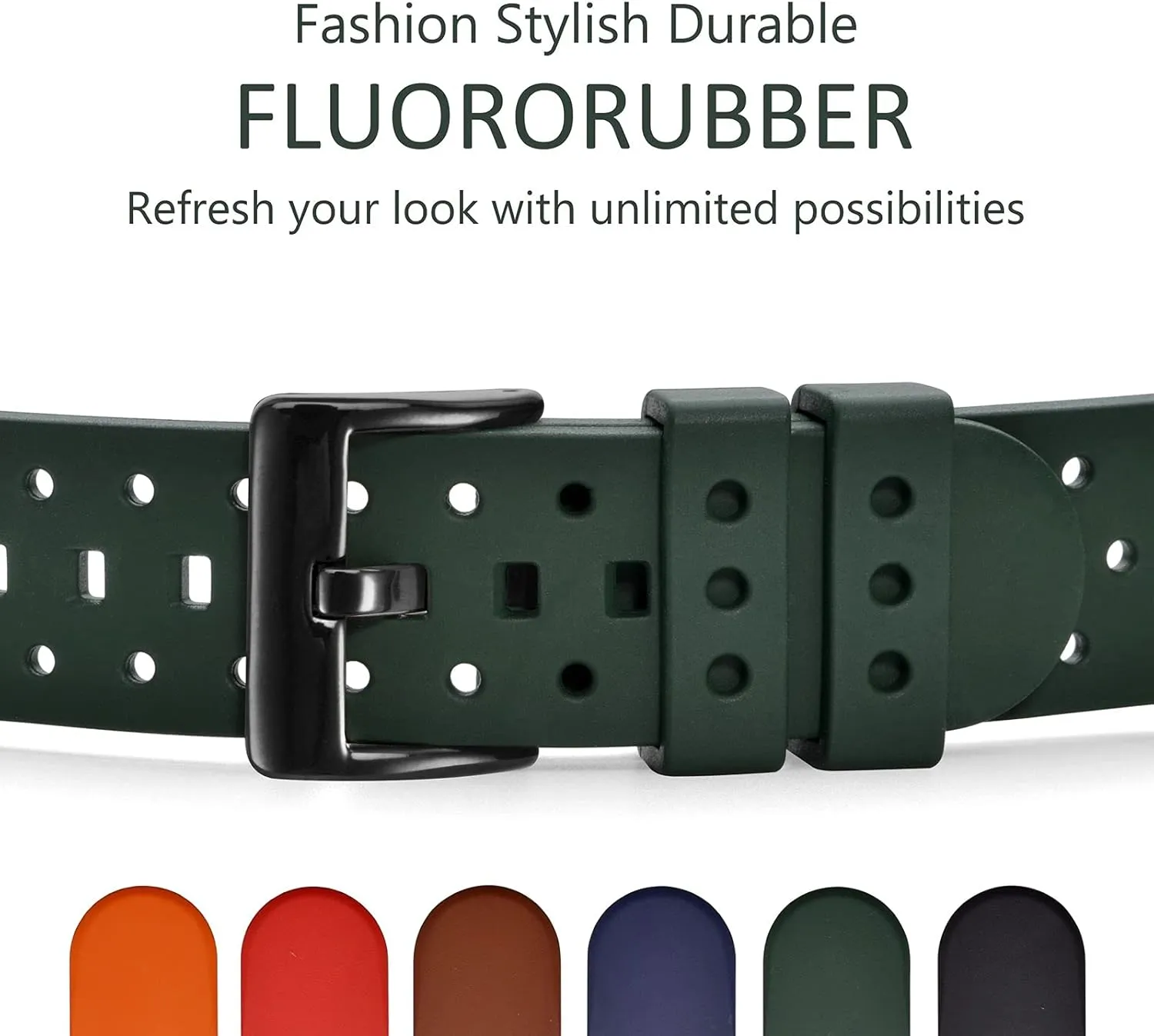Rubber, Black Buckle (Army Green) WOCCI 20mm Ventilated Watch Band annex apprentice spoil professional volume for Men, FKM 