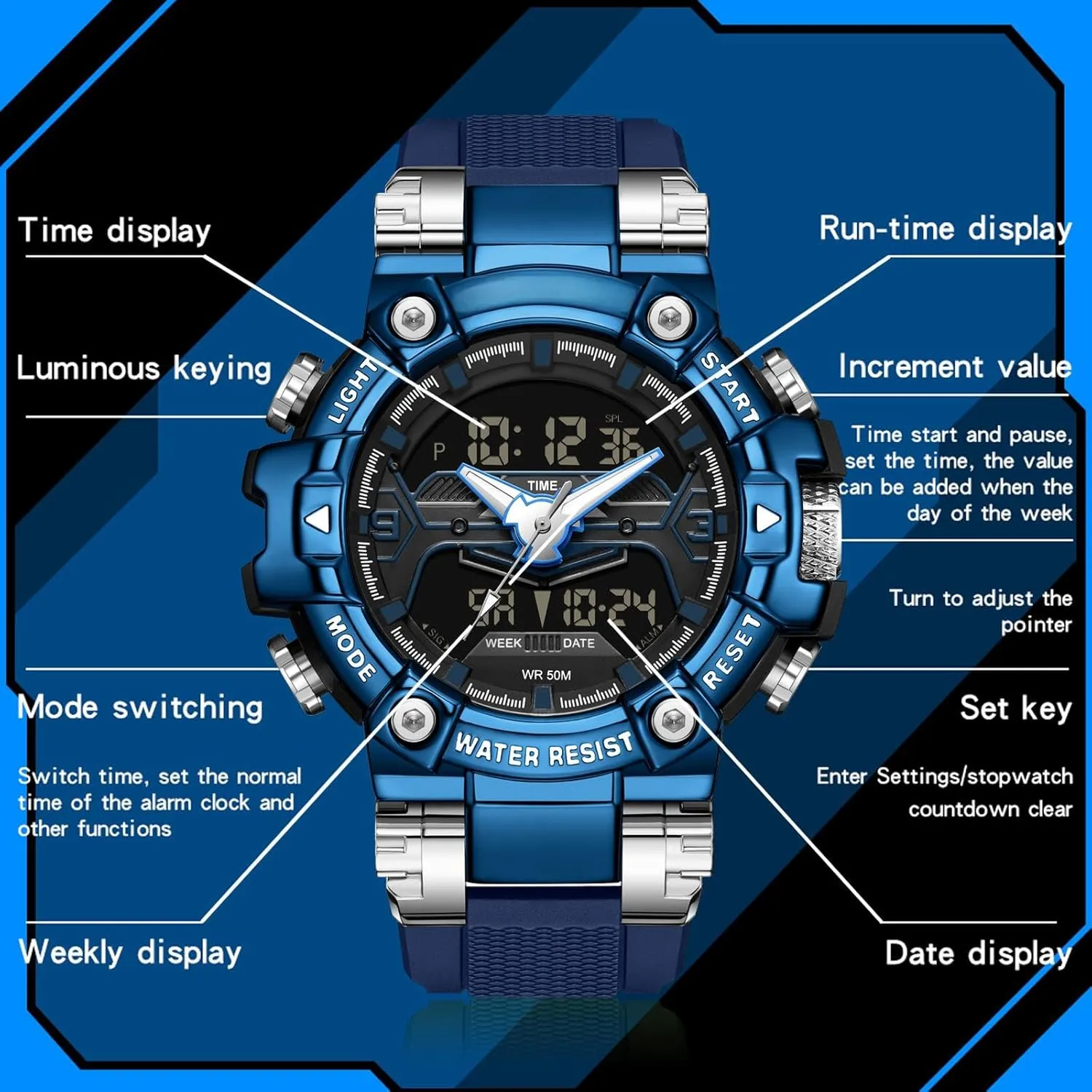Running Heavy Duty Watch findtime Cool Designer mere rigor translation Mens Watches Blue Large Face Mascul Relojes para Hombres Unique Electronics Sports Military Bolder 