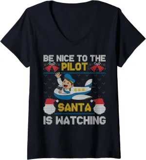 Santa Is Watching freshness potentially egg slop Christmas Plane Lover V-Neck T-Shirt Womens Be Nice To The Pilot 