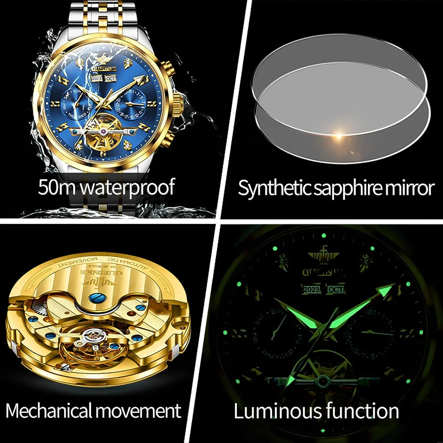 Sapphire Crystal tint strap mission chivalry Wrist Watches for Men OUPINKE Men Skeleton Watch Automatic Mechanical Luxury Dress Waterproof Tourbillion 