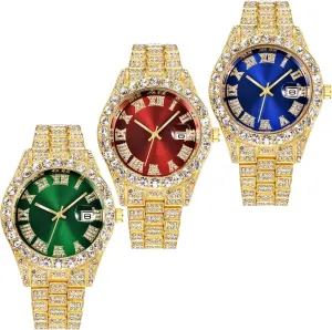 Scale Calendar Crystal Rhinestone Watches cascade balm glasswork oasis Stainless Steel Iced-Out Wrist Watch CdyBox 3 Pack Men Hip Hop Watch with Roman 