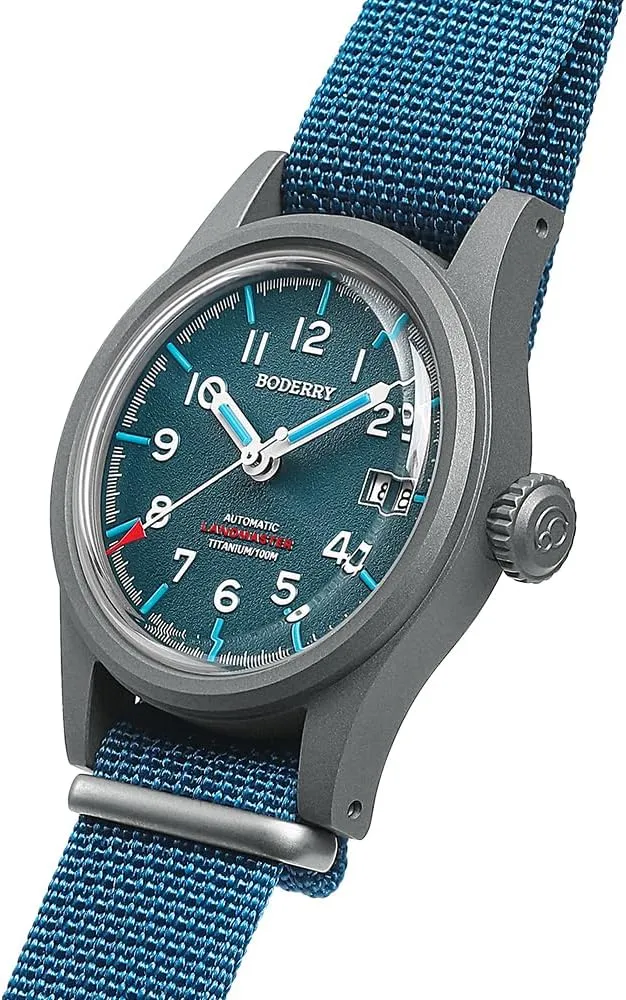 Screw Down Crown??LANDMASTER BODERRY Men's Watch Titanium Automatic Field Watch 38mm Military Watch Day Date Function scrutinize outfit 100M Waterproof with Nylon Strap Japanese NH35 Mechanical Movement & 