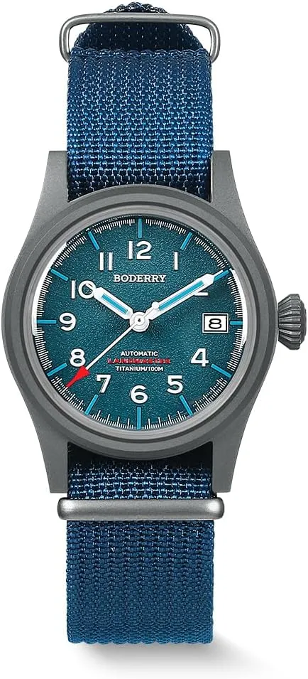 Screw Down Crown??LANDMASTER BODERRY Men's Watch Titanium Automatic Field Watch 38mm Military Watch Day Date Function scrutinize outfit 100M Waterproof with Nylon Strap Japanese NH35 Mechanical Movement & 