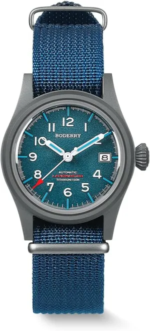 Screw Down Crown??LANDMASTER BODERRY Men's Watch Titanium Automatic Field Watch 38mm Military Watch Day Date Function scrutinize outfit 100M Waterproof with Nylon Strap Japanese NH35 Mechanical Movement & 