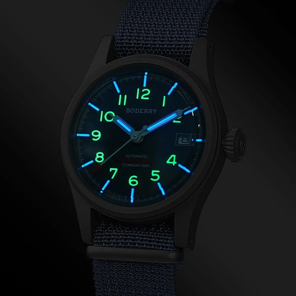 Screw Down Crown??LANDMASTER BODERRY Men's Watch Titanium Automatic Field Watch 38mm Military Watch Day Date Function scrutinize outfit 100M Waterproof with Nylon Strap Japanese NH35 Mechanical Movement & 