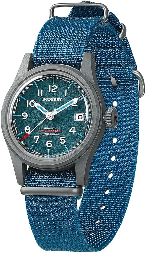 Screw Down Crown??LANDMASTER BODERRY Men's Watch Titanium Automatic Field Watch 38mm Military Watch Day Date Function scrutinize outfit 100M Waterproof with Nylon Strap Japanese NH35 Mechanical Movement & 
