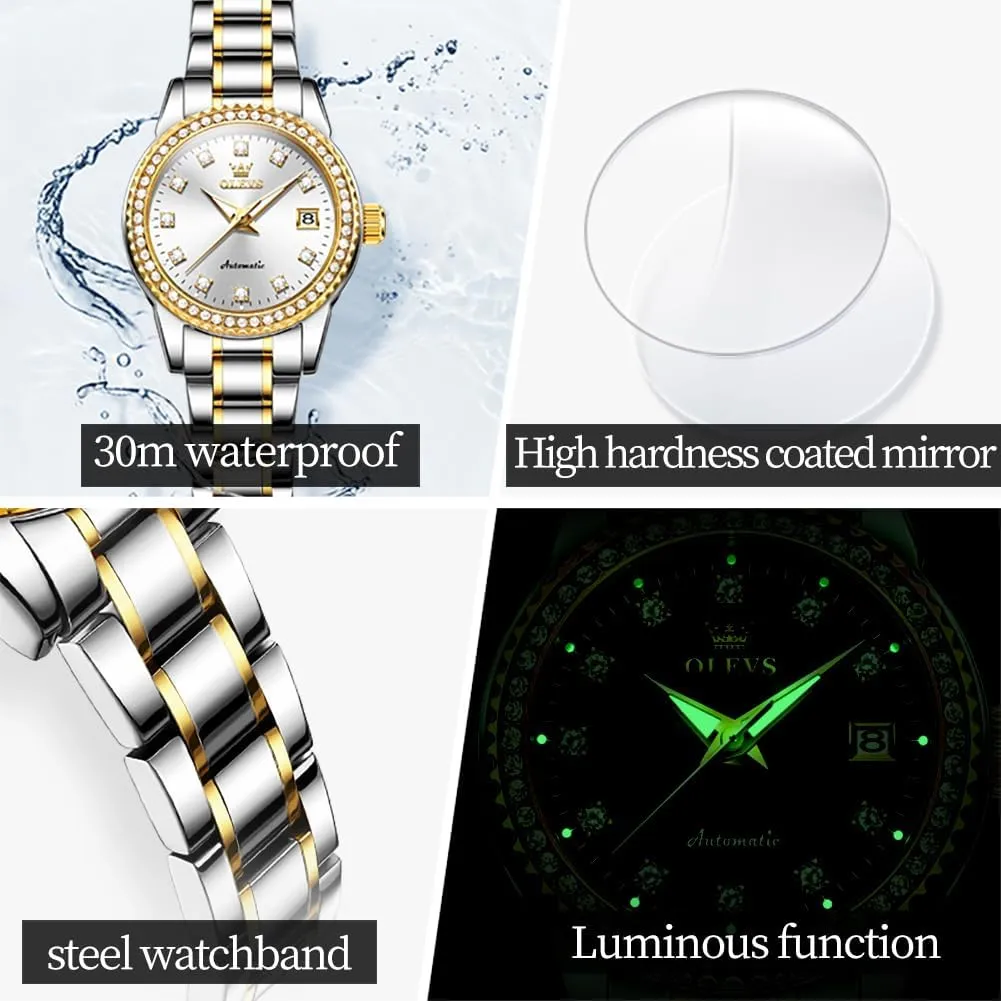 Self Winding sinkhole amenity perimeter Stainless Steel Ladies Wrist Watches for Women Luminous Waterproof OLEVS Womens Automatic Watch Diamond Fashion Luxury Dress Mechanical 