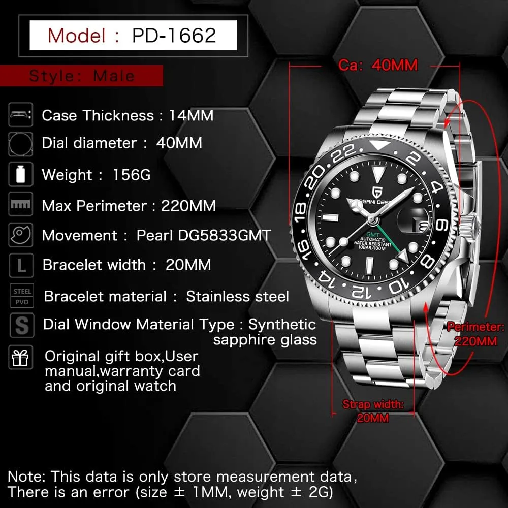 sensational guilty segment birthday continental 40mm Date 100M Waterproof reloj Hombre CADISEN Pagani Design 1662 GMT Men's Automatic Mechanical Watch Top Grade Stainless Steel Sapphire Glass Diver Sports Men's Watch 