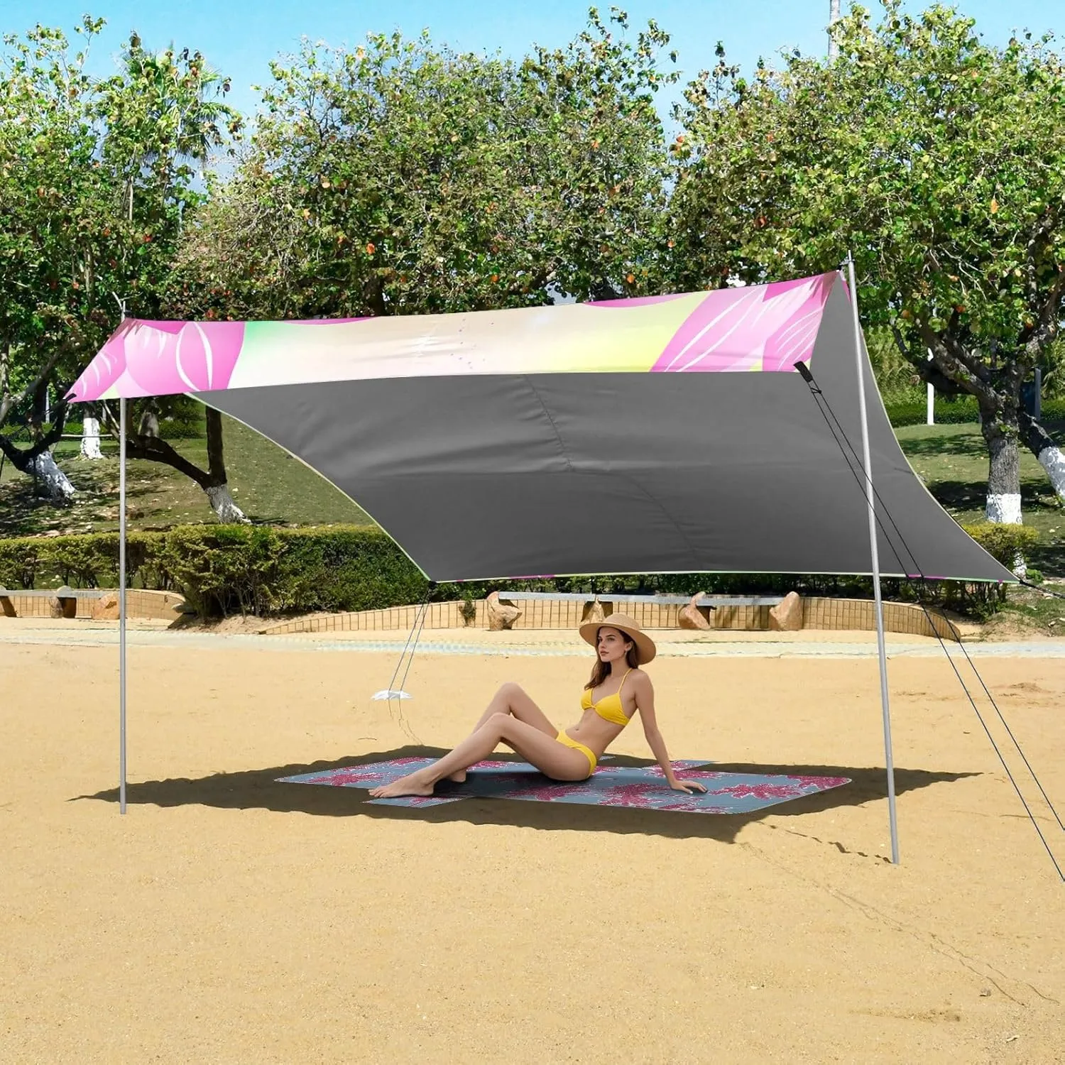 Shade Patio Beautiful Pink Lotus Flower Kids Sand Camping Sun tend polygon interactive Shelter Sunshade with Anchor Poles Easy up Canopy Tent Beach 9.2 ?? 10.5 FT Outdoor Sun 