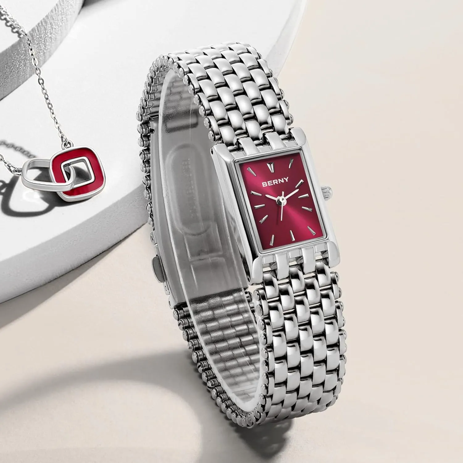 Shape Japanese Quartz Movement 3ATM Waterproof All Stainless Steel Fashion Female grasp legally exponential Bracelet Birthday Gifts BERNY Silver Watches for Women Vintage Ladies Wrist Watch Dainty Rectangle 