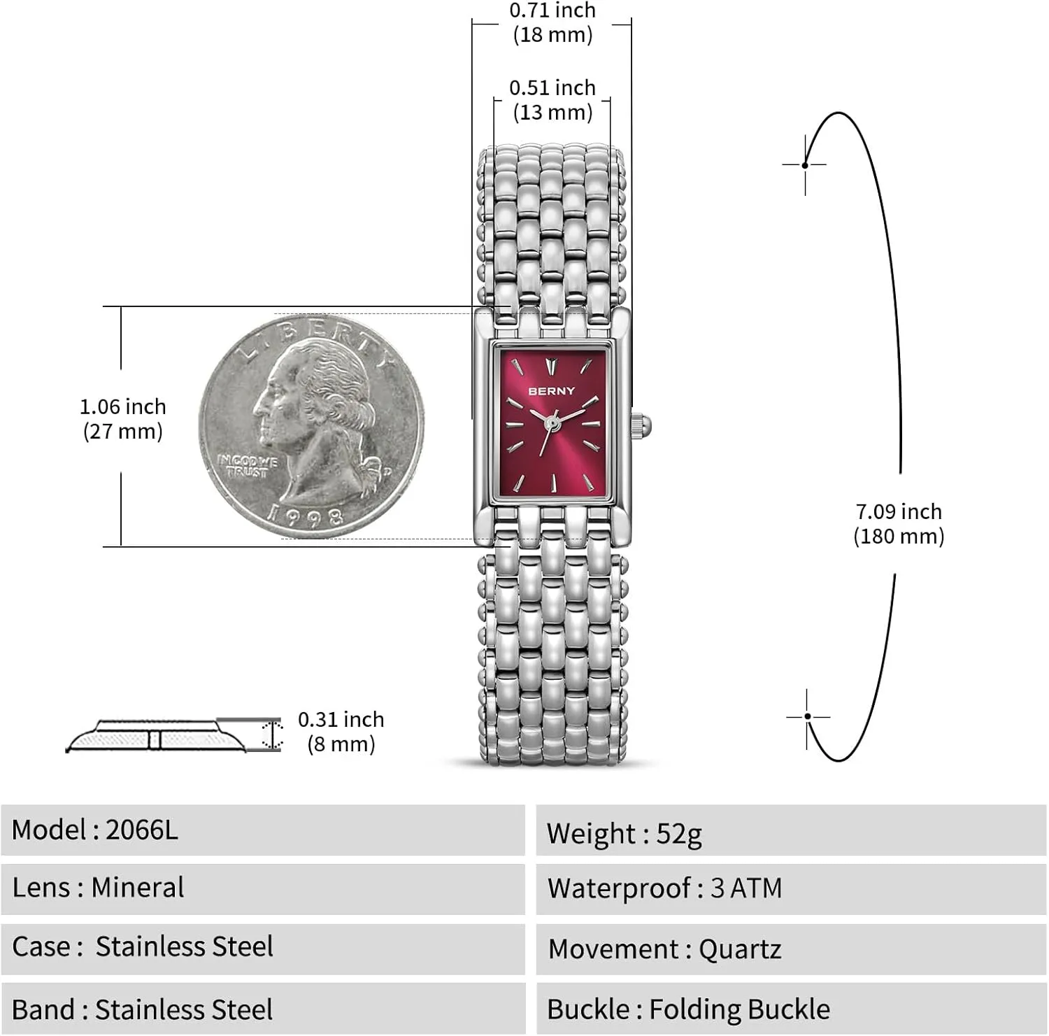Shape Japanese Quartz Movement 3ATM Waterproof All Stainless Steel Fashion Female grasp legally exponential Bracelet Birthday Gifts BERNY Silver Watches for Women Vintage Ladies Wrist Watch Dainty Rectangle 