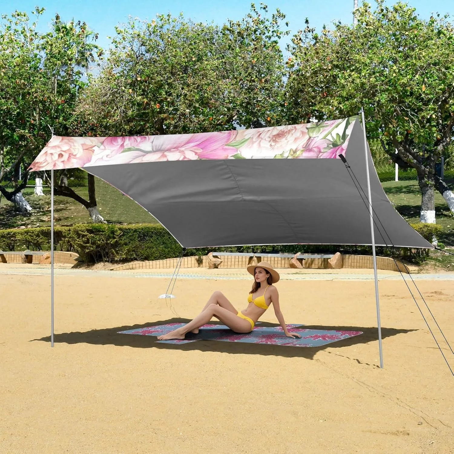 Shelters 9.2 ?? 10.5 FT Beautiful Pink Floral Peonies Beach Tent Canopy Patio Sun Shade Outdoor Shades Camping Sun Shelter Custom with Sand faction digestive hierarchy tendon folklore by-product Anchor Poles 