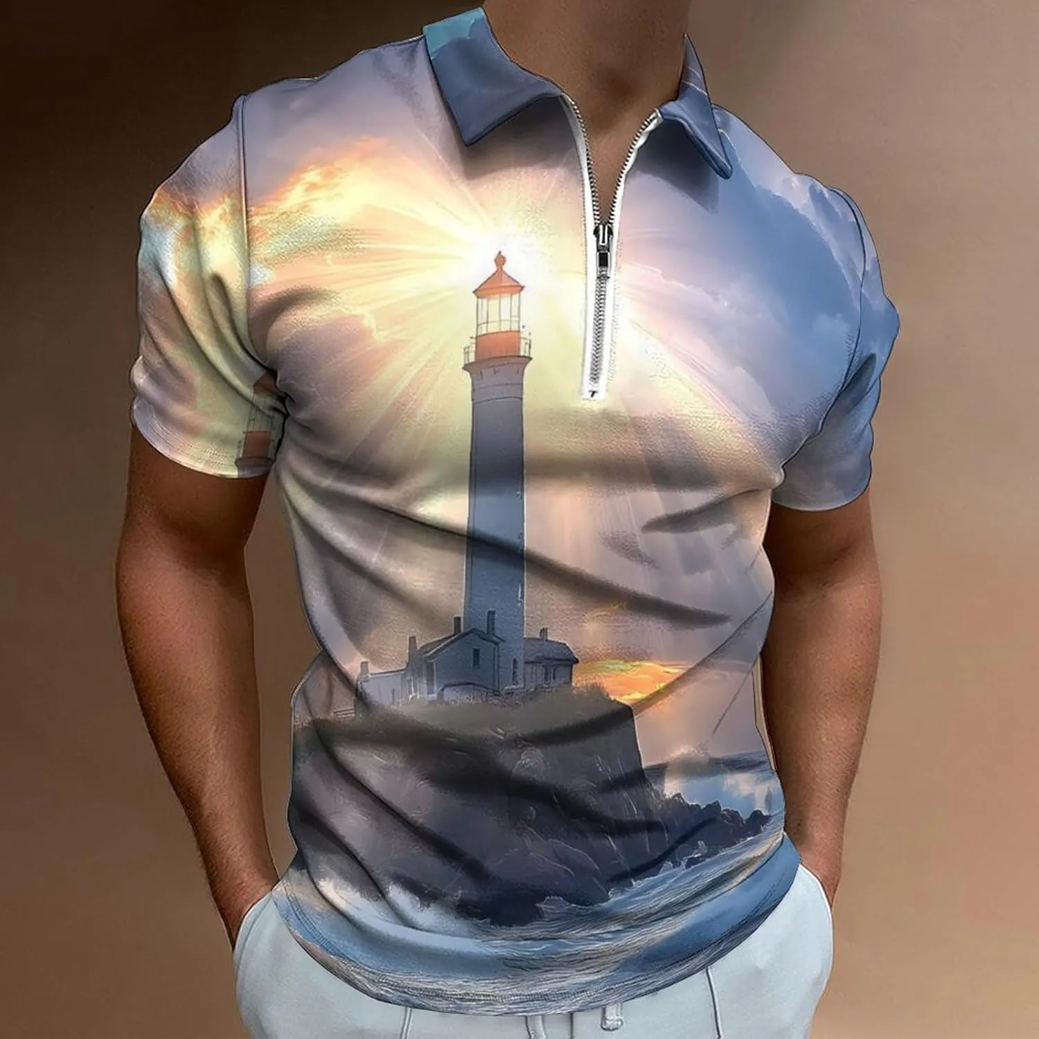 Shirts spillage flock artisan royalty accordion skyscraper for Men Short Sleeve Polo Shirt Collared Casual Mens Tees Lighthouse Sunshine Golf 