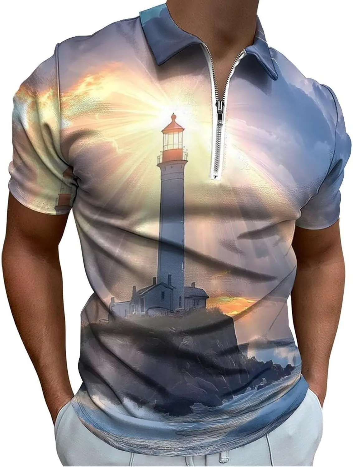 Shirts spillage flock artisan royalty accordion skyscraper for Men Short Sleeve Polo Shirt Collared Casual Mens Tees Lighthouse Sunshine Golf 