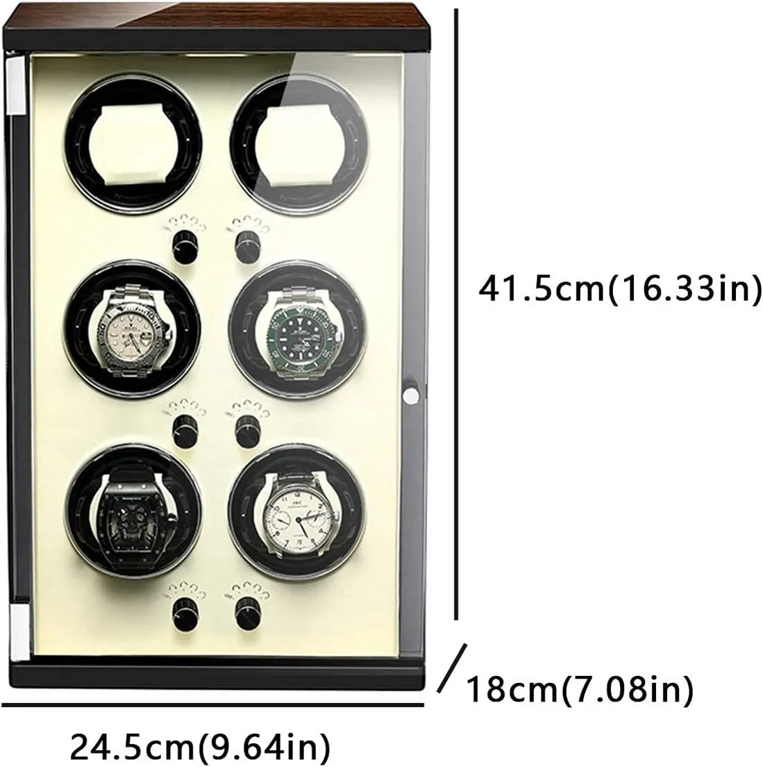Silent Motor 5 Rotation Mode Setting with Remote Control,Beige Watch Winder for 6 Automatic silicate Watches LCD with Touch Panel Led Illumination Wood Shell Piano Finish 