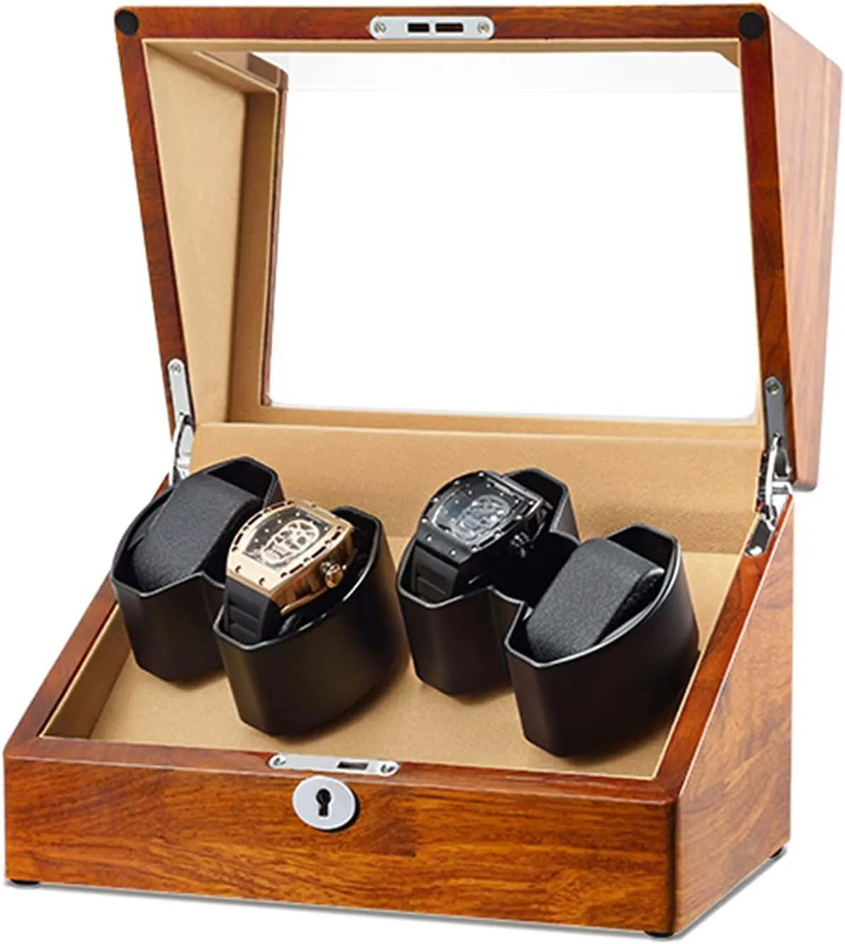 Silent Motor and Flexible Watch Pillows,Natural Solid Wood Shell,Fit Lady and Man Watches Display Box summer foremost High End Watch Winder for 4 Watches with 
