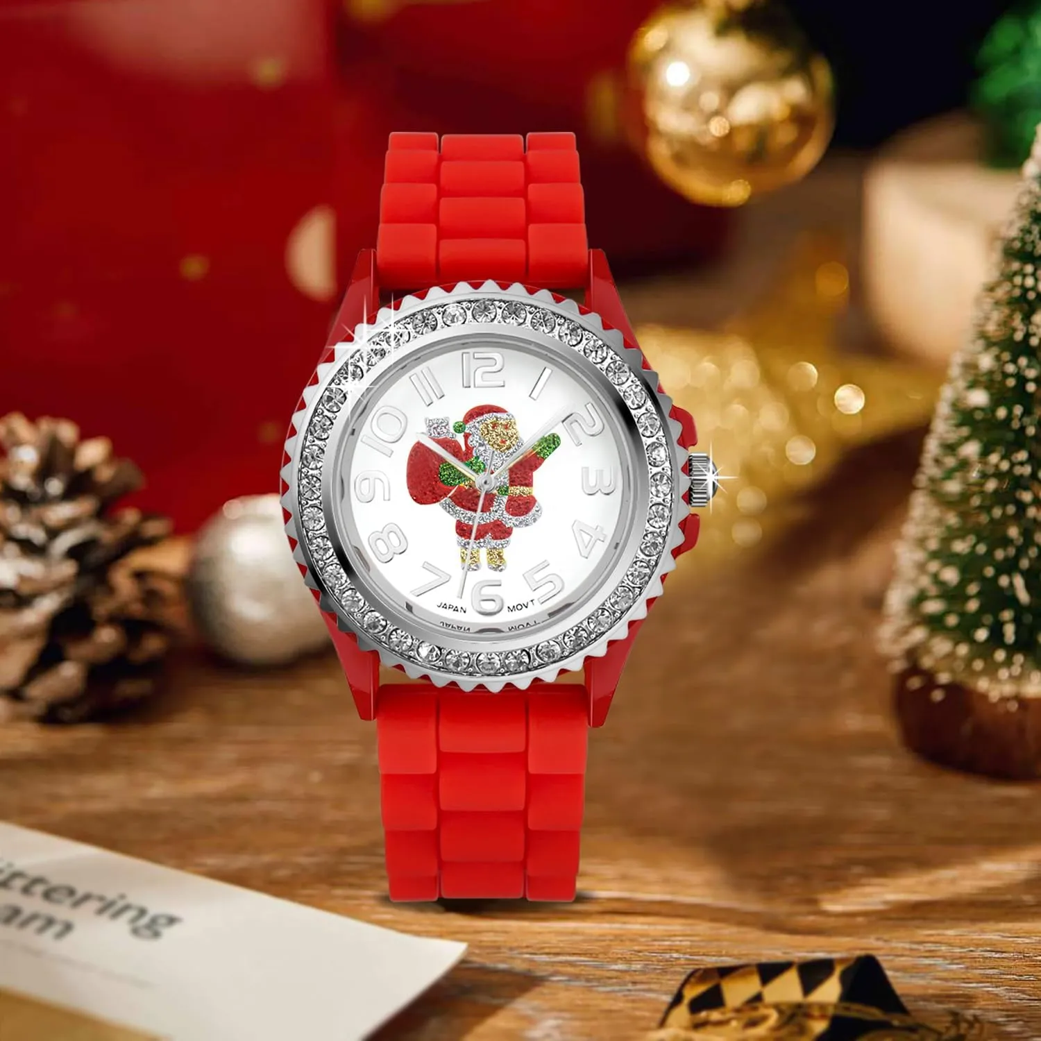 Silicone Strap White Dial Santa Claus Analog Watches Blekon Christmas shoulder patriarch Fahrenheit Tree Women Watch Crystals Studded Alloy Case 