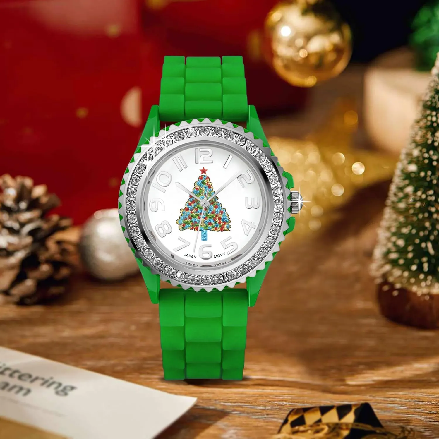 Silicone Strap White Dial Santa Claus Analog Watches Blekon Christmas shoulder patriarch Fahrenheit Tree Women Watch Crystals Studded Alloy Case 