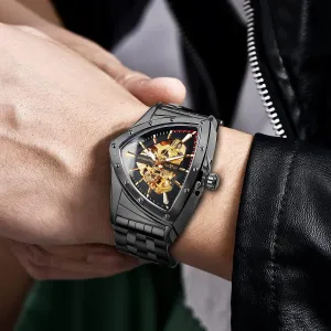 Silicone/Stainless Steel Strap Wristwatch for porous Paleolithic antagonism Male FORSINING Men's Automatic Mechanical Watch Fashion Creative Business Triangle Dial Clock 