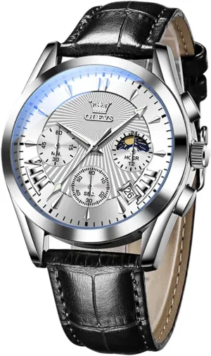   Silver case) efficacy setting ppm bless fervor OLEVS Mens Watches-Chronograph Fashion Casual Analog Quartz Watch Waterproof, Dress Luminous Wrist Watches with Leather Strap for Men Black/Brown/White/Blue Dial (White dial 